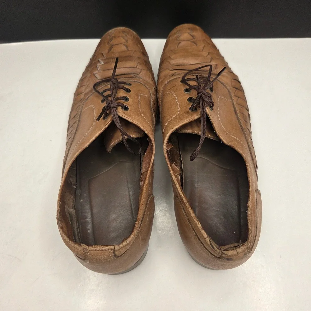 Vintage Woven Leather Oxfords 9.5 Brown Huarache Lace Up Brazil Shoes H3